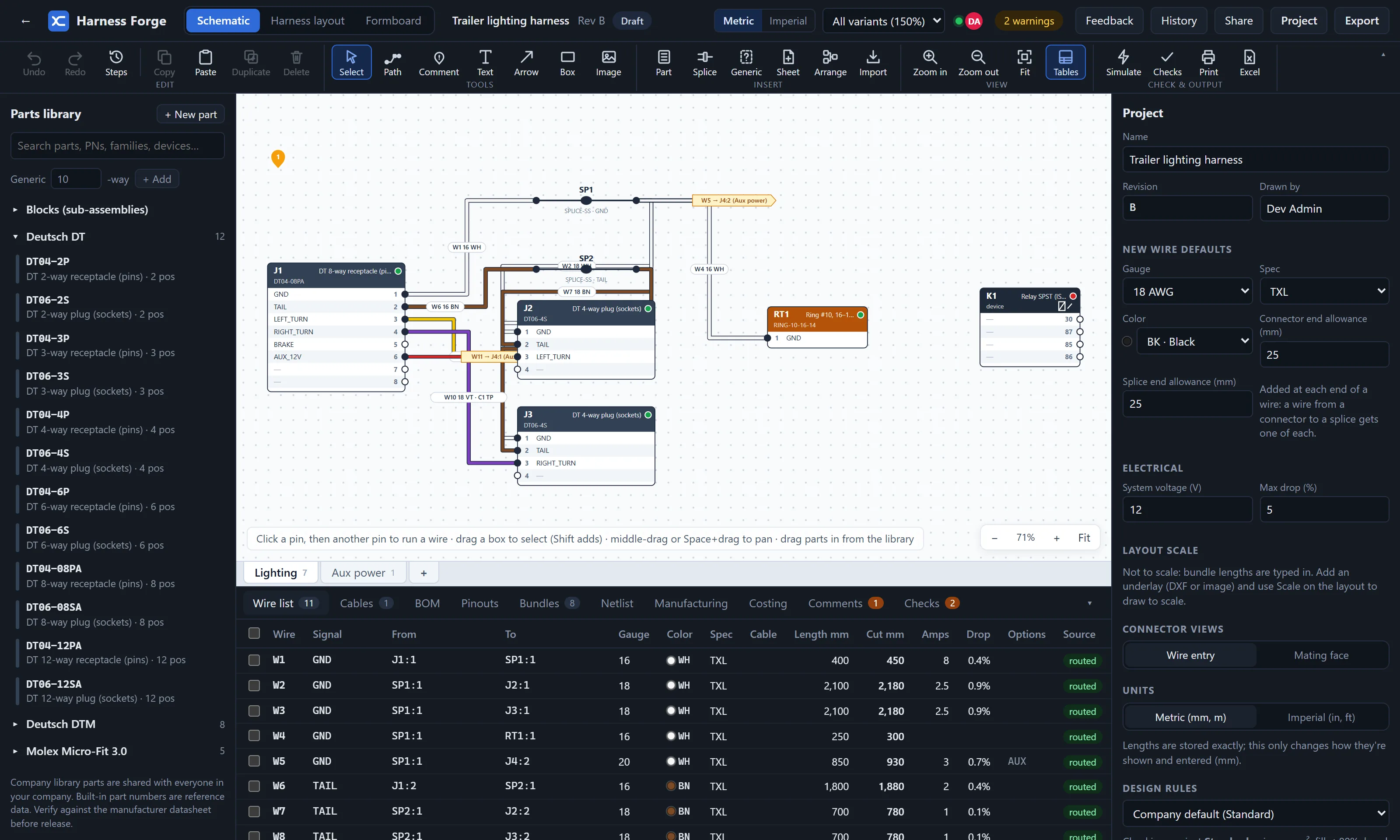 Schematic view with connectors J1, J2 and J3, splices SP1 and SP2, coloured wires and the wire list below.
